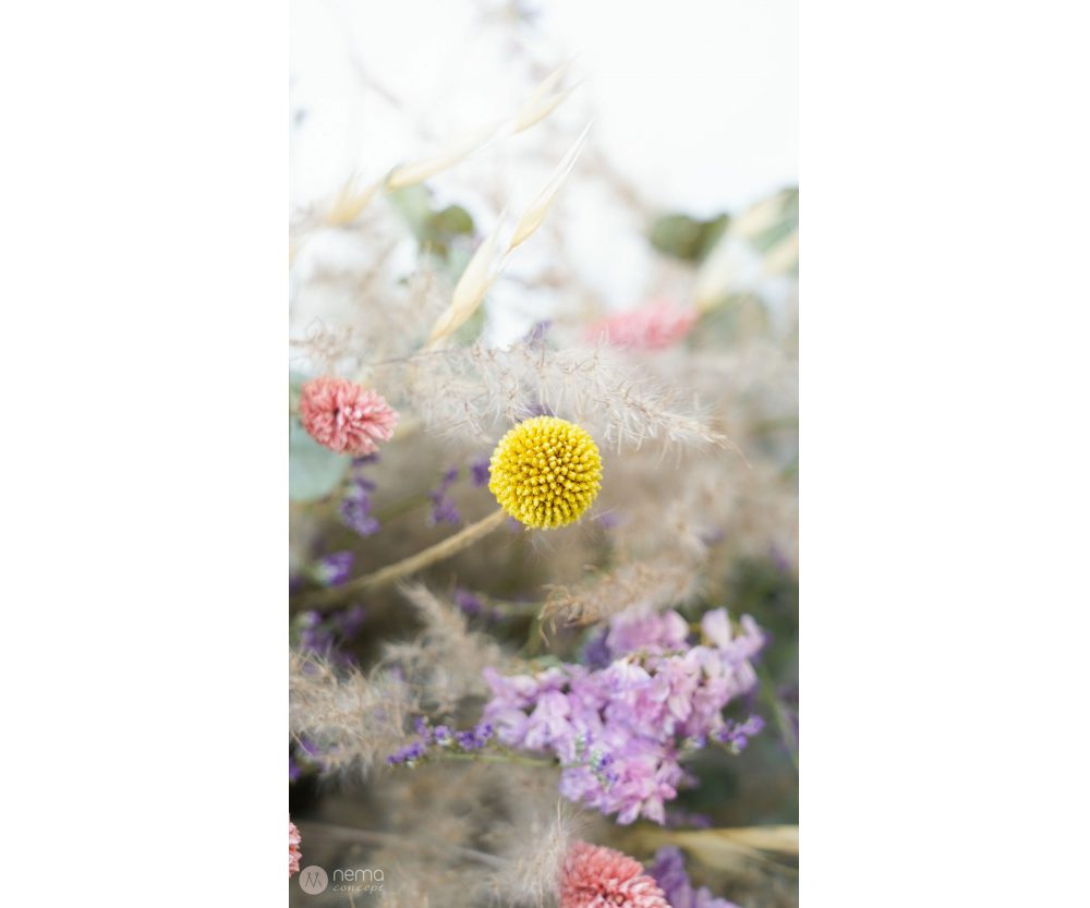 Dried flower arrangement in concrete vases